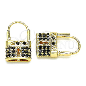 Gold Filled Hoop Earrings — Small Hoop Lock Design with Black Micro Pave — main product view — SKU 144428 | Oro Laminado aretes de aro — Small Hoop Lock diseño with negro Micro Pave — SKU 144428