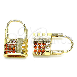 Gold Filled Hoop Earrings — Small Hoop Lock Design with Garnet Micro Pave — main product view — SKU 144429 | Oro Laminado aretes de aro — Small Hoop Lock diseño with Garnet Micro Pave — SKU 144429