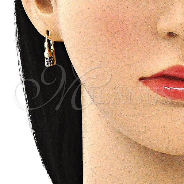 Gold Filled Hoop Earrings — Small Hoop Lock Design with Sapphire Blue Micro — alternate product view — SKU 144430 | Oro Laminado aretes de aro — Small Hoop Lock diseño with Sapphire Blue Micro — SKU 144430