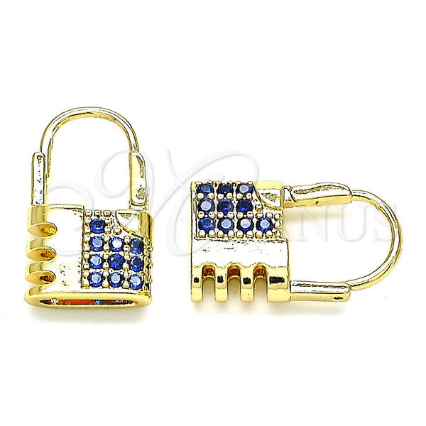 Gold Filled Hoop Earrings — Small Hoop Lock Design with Sapphire Blue Micro — main product view — SKU 144430 | Oro Laminado aretes de aro — Small Hoop Lock diseño with Sapphire Blue Micro — SKU 144430