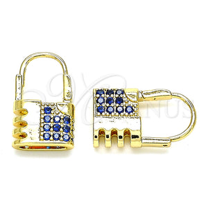 Gold Filled Hoop Earrings — Small Hoop Lock Design with Sapphire Blue Micro — main product view — SKU 144430 | Oro Laminado aretes de aro — Small Hoop Lock diseño with Sapphire Blue Micro — SKU 144430