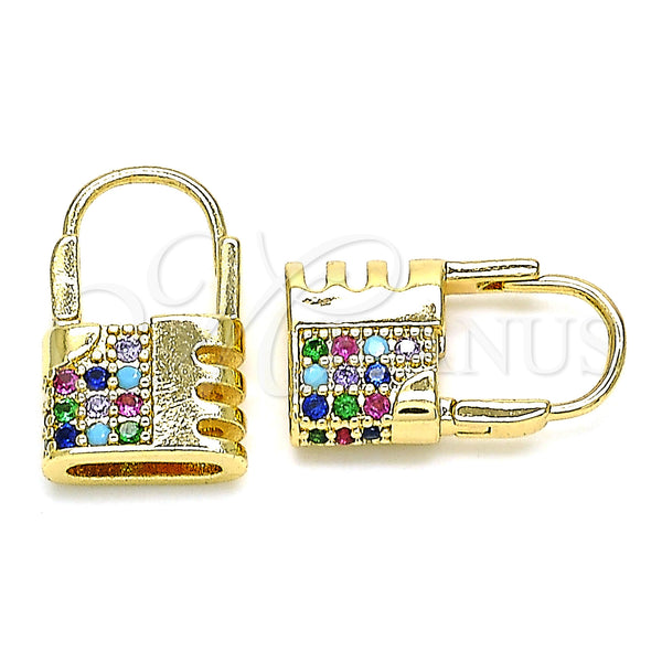 Gold Filled Hoop Earrings — Small Hoop Lock Design with Multicolor Micro Pave — main product view — SKU 144431 | Oro Laminado aretes de aro — Small Hoop Lock diseño with Multicolor Micro Pave — SKU 144431