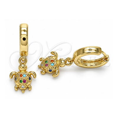 Oro Laminado Huggie Hoop, Gold Filled Style Turtle Design, with Multicolor Micro Pave, Polished, Golden Finish, 02.210.0530.1.15