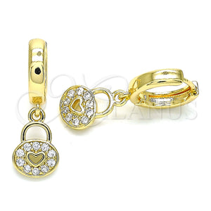 Gold Filled Hoop Earrings — Huggie Hoop Lock and Heart Design with White — main product view — SKU 144437 | Oro Laminado aretes de aro — Huggie Hoop Lock and corazón diseño with blanco — SKU 144437