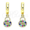 Oro Laminado Huggie Hoop, Gold Filled Style Lock and Heart Design, with Multicolor Micro Pave, Polished, Golden Finish, 02.210.0532.1.15