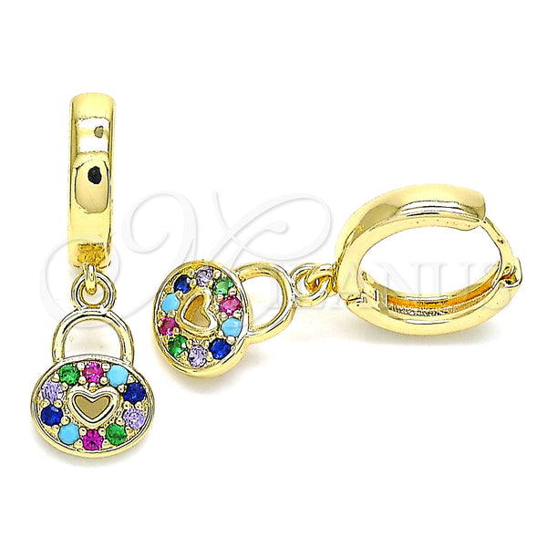 Gold Filled Hoop Earrings — Huggie Hoop Lock and Heart Design with Multicolor — main product view — SKU 144438 | Oro Laminado aretes de aro — Huggie Hoop Lock and corazón diseño with Multicolor — SKU 144438