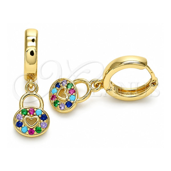 Oro Laminado Huggie Hoop, Gold Filled Style Lock and Heart Design, with Multicolor Micro Pave, Polished, Golden Finish, 02.210.0532.1.15