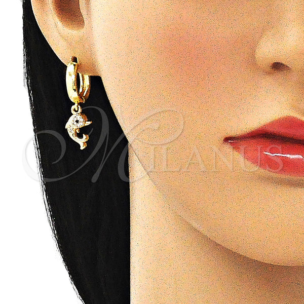 Gold Filled Hoop Earrings — Huggie Hoop Dolphin Design with White and Black — alternate product view — SKU 144439 | Oro Laminado aretes de aro — Huggie Hoop Dolphin diseño with blanco and negro — SKU 144439