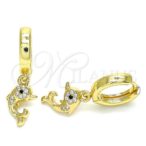Gold Filled Hoop Earrings — Huggie Hoop Dolphin Design with White and Black — main product view — SKU 144439 | Oro Laminado aretes de aro — Huggie Hoop Dolphin diseño with blanco and negro — SKU 144439