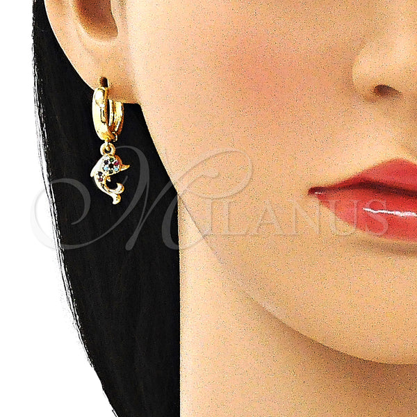 Gold Filled Hoop Earrings — Huggie Hoop Dolphin Design with Multicolor Micro Pave — alternate product view — SKU 144440 | Oro Laminado aretes de aro — Huggie Hoop Dolphin diseño with Multicolor Micro Pave — SKU 144440