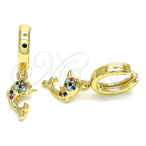 Gold Filled Hoop Earrings — Huggie Hoop Dolphin Design with Multicolor Micro Pave — main product view — SKU 144440 | Oro Laminado aretes de aro — Huggie Hoop Dolphin diseño with Multicolor Micro Pave — SKU 144440