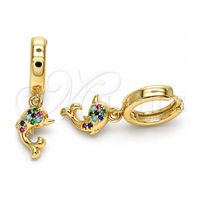 Oro Laminado Huggie Hoop, Gold Filled Style Dolphin Design, with Multicolor Micro Pave, Polished, Golden Finish, 02.210.0533.1.15