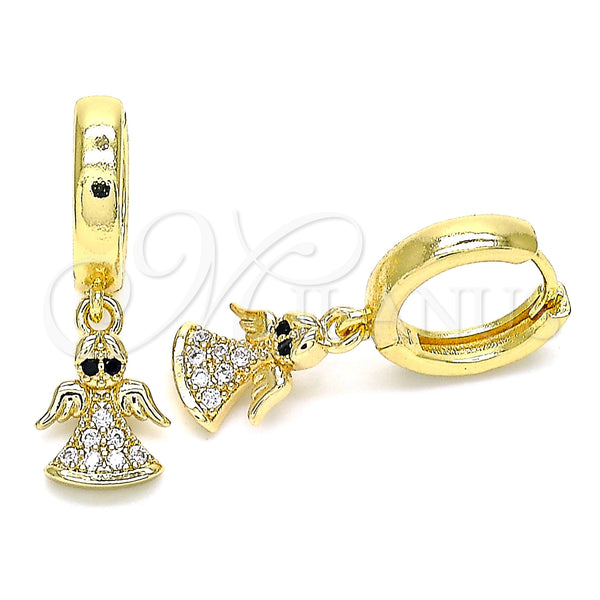 Gold Filled Hoop Earrings — Huggie Hoop Angel Design with White and Black — main product view — SKU 144445 | Oro Laminado aretes de aro — Huggie Hoop Angel diseño with blanco and negro — SKU 144445