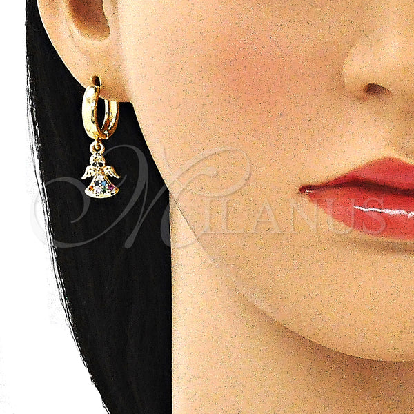 Gold Filled Hoop Earrings — Huggie Hoop Angel Design with Multicolor Micro Pave — alternate product view — SKU 144446 | Oro Laminado aretes de aro — Huggie Hoop Angel diseño with Multicolor Micro Pave — SKU 144446