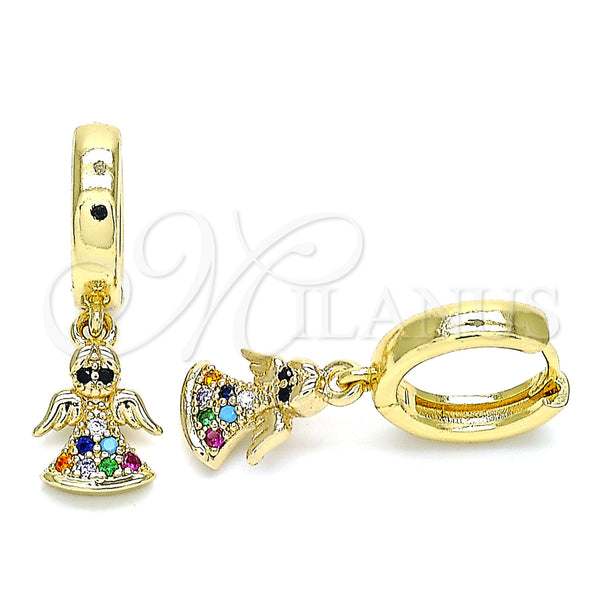 Gold Filled Hoop Earrings — Huggie Hoop Angel Design with Multicolor Micro Pave — main product view — SKU 144446 | Oro Laminado aretes de aro — Huggie Hoop Angel diseño with Multicolor Micro Pave — SKU 144446