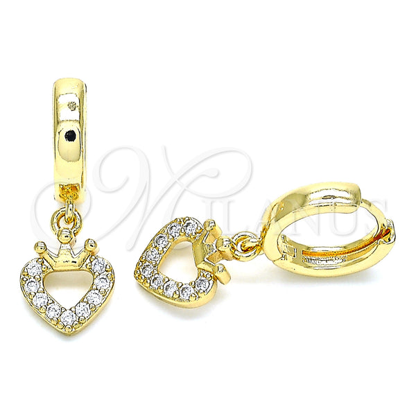 Gold Filled Hoop Earrings — Huggie Hoop Heart and Crown Design with White — main product view — SKU 144447 | Oro Laminado aretes de aro — Huggie Hoop corazón and Crown diseño with blanco — SKU 144447
