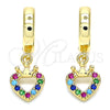 Oro Laminado Huggie Hoop, Gold Filled Style Heart and Crown Design, with Multicolor Micro Pave, Polished, Golden Finish, 02.210.0537.1.15