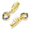 Oro Laminado Huggie Hoop, Gold Filled Style Heart and Crown Design, with Multicolor Micro Pave, Polished, Golden Finish, 02.210.0537.1.15