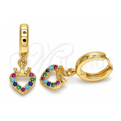 Oro Laminado Huggie Hoop, Gold Filled Style Heart and Crown Design, with Multicolor Micro Pave, Polished, Golden Finish, 02.210.0537.1.15