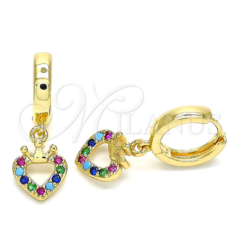 Oro Laminado Huggie Hoop, Gold Filled Style Heart and Crown Design, with Multicolor Micro Pave, Polished, Golden Finish, 02.210.0537.1.15