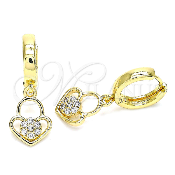 Gold Filled Hoop Earrings — Huggie Hoop Lock and Heart Design with White — main product view — SKU 144449 | Oro Laminado aretes de aro — Huggie Hoop Lock and corazón diseño with blanco — SKU 144449