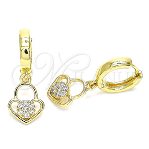 Gold Filled Hoop Earrings — Huggie Hoop Lock and Heart Design with White — main product view — SKU 144449 | Oro Laminado aretes de aro — Huggie Hoop Lock and corazón diseño with blanco — SKU 144449