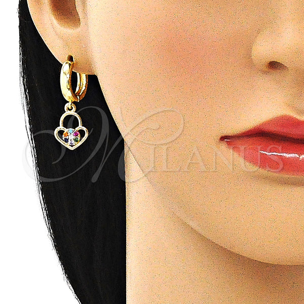 Gold Filled Hoop Earrings — Huggie Hoop Lock and Heart Design with Multicolor — alternate product view — SKU 144450 | Oro Laminado aretes de aro — Huggie Hoop Lock and corazón diseño with Multicolor — SKU 144450