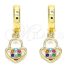 Oro Laminado Huggie Hoop, Gold Filled Style Lock and Heart Design, with Multicolor Micro Pave, Polished, Golden Finish, 02.210.0538.1.15