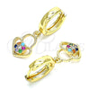 Oro Laminado Huggie Hoop, Gold Filled Style Lock and Heart Design, with Multicolor Micro Pave, Polished, Golden Finish, 02.210.0538.1.15