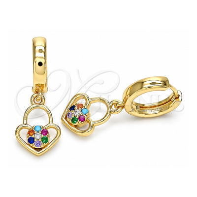 Oro Laminado Huggie Hoop, Gold Filled Style Lock and Heart Design, with Multicolor Micro Pave, Polished, Golden Finish, 02.210.0538.1.15