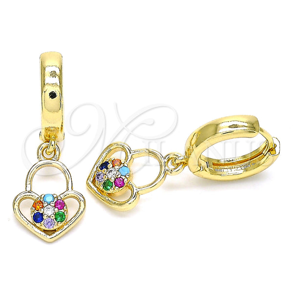 Gold Filled Hoop Earrings — Huggie Hoop Lock and Heart Design with Multicolor — main product view — SKU 144450 | Oro Laminado aretes de aro — Huggie Hoop Lock and corazón diseño with Multicolor — SKU 144450