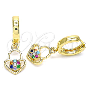 Gold Filled Hoop Earrings — Huggie Hoop Lock and Heart Design with Multicolor — main product view — SKU 144450 | Oro Laminado aretes de aro — Huggie Hoop Lock and corazón diseño with Multicolor — SKU 144450