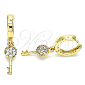 Gold Filled Hoop Earrings — Huggie Hoop key Design with White Micro Pave — main product view — SKU 144451 | Oro Laminado aretes de aro — Huggie Hoop key diseño with blanco Micro Pave — SKU 144451