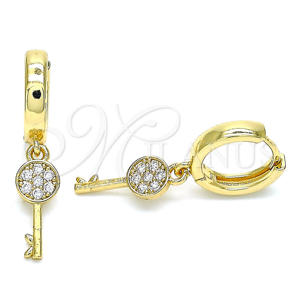 Gold Filled Hoop Earrings — Huggie Hoop key Design with White Micro Pave — main product view — SKU 144451 | Oro Laminado aretes de aro — Huggie Hoop key diseño with blanco Micro Pave — SKU 144451