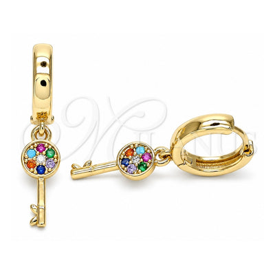Oro Laminado Huggie Hoop, Gold Filled Style key Design, with Multicolor Micro Pave, Polished, Golden Finish, 02.210.0539.1.15
