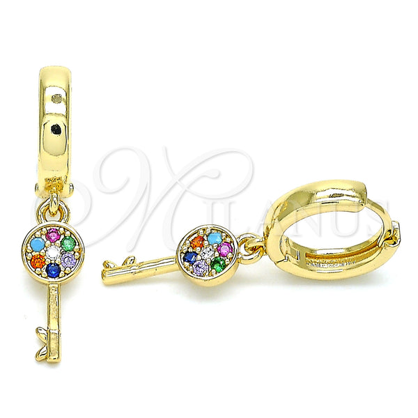 Gold Filled Hoop Earrings — Huggie Hoop key Design with Multicolor Micro Pave — main product view — SKU 144452 | Oro Laminado aretes de aro — Huggie Hoop key diseño with Multicolor Micro Pave — SKU 144452