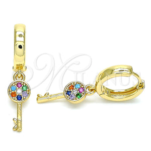 Gold Filled Hoop Earrings — Huggie Hoop key Design with Multicolor Micro Pave — main product view — SKU 144452 | Oro Laminado aretes de aro — Huggie Hoop key diseño with Multicolor Micro Pave — SKU 144452