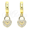 Oro Laminado Huggie Hoop, Gold Filled Style Lock and Heart Design, with White Micro Pave, Polished, Golden Finish, 02.210.0540.15