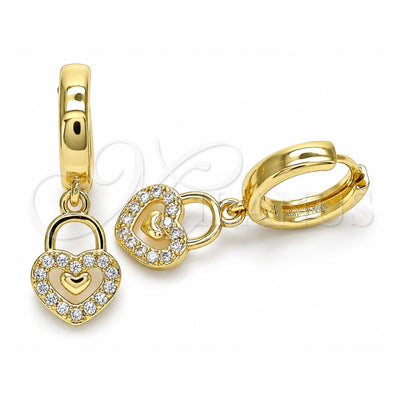 Oro Laminado Huggie Hoop, Gold Filled Style Lock and Heart Design, with White Micro Pave, Polished, Golden Finish, 02.210.0540.15