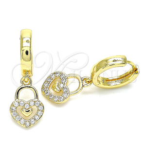 Gold Filled Hoop Earrings — Huggie Hoop Lock and Heart Design with White — main product view — SKU 144453 | Oro Laminado aretes de aro — Huggie Hoop Lock and corazón diseño with blanco — SKU 144453