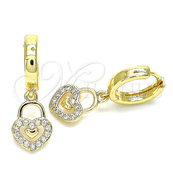 Gold Filled Hoop Earrings — Huggie Hoop Lock and Heart Design with White — main product view — SKU 144453 | Oro Laminado aretes de aro — Huggie Hoop Lock and corazón diseño with blanco — SKU 144453