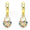 Oro Laminado Huggie Hoop, Gold Filled Style key Design, with Multicolor Micro Pave, Polished, Golden Finish, 02.210.0540.1.15