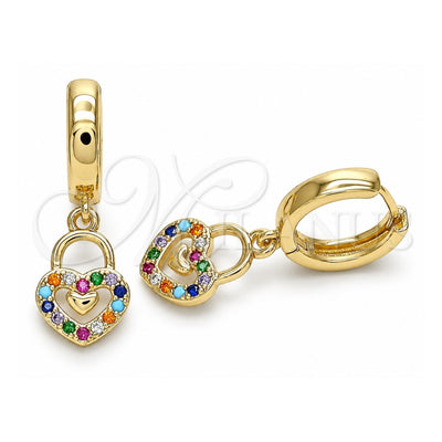 Oro Laminado Huggie Hoop, Gold Filled Style key Design, with Multicolor Micro Pave, Polished, Golden Finish, 02.210.0540.1.15
