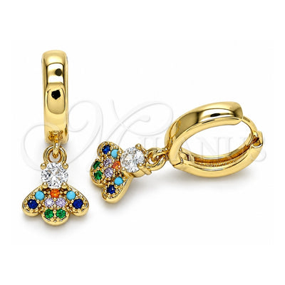 Oro Laminado Huggie Hoop, Gold Filled Style Bee Design, with Multicolor Micro Pave and White Cubic Zirconia, Polished, Golden Finish, 02.210.0541.1.15