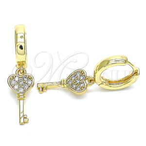 Gold Filled Hoop Earrings — Huggie Hoop key Design with White Micro Pave — main product view — SKU 144457 | Oro Laminado aretes de aro — Huggie Hoop key diseño with blanco Micro Pave — SKU 144457