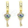Oro Laminado Huggie Hoop, Gold Filled Style key Design, with Multicolor Micro Pave, Polished, Golden Finish, 02.210.0542.1.15