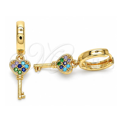 Oro Laminado Huggie Hoop, Gold Filled Style key Design, with Multicolor Micro Pave, Polished, Golden Finish, 02.210.0542.1.15