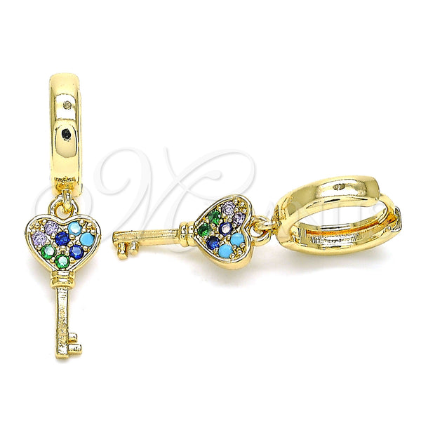 Gold Filled Hoop Earrings — Huggie Hoop key Design with Multicolor Micro Pave — main product view — SKU 144458 | Oro Laminado aretes de aro — Huggie Hoop key diseño with Multicolor Micro Pave — SKU 144458