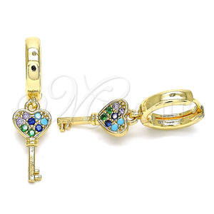 Gold Filled Hoop Earrings — Huggie Hoop key Design with Multicolor Micro Pave — main product view — SKU 144458 | Oro Laminado aretes de aro — Huggie Hoop key diseño with Multicolor Micro Pave — SKU 144458