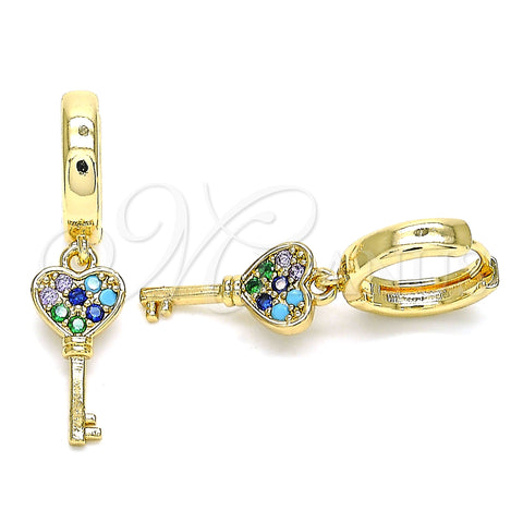 Oro Laminado Huggie Hoop, Gold Filled Style key Design, with Multicolor Micro Pave, Polished, Golden Finish, 02.210.0542.1.15